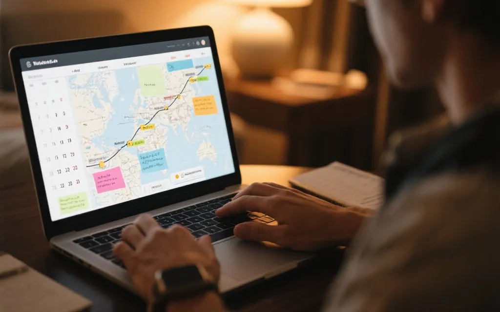 旅行者在笔记本上规划世界杯行程与酒店预订时间线示意图